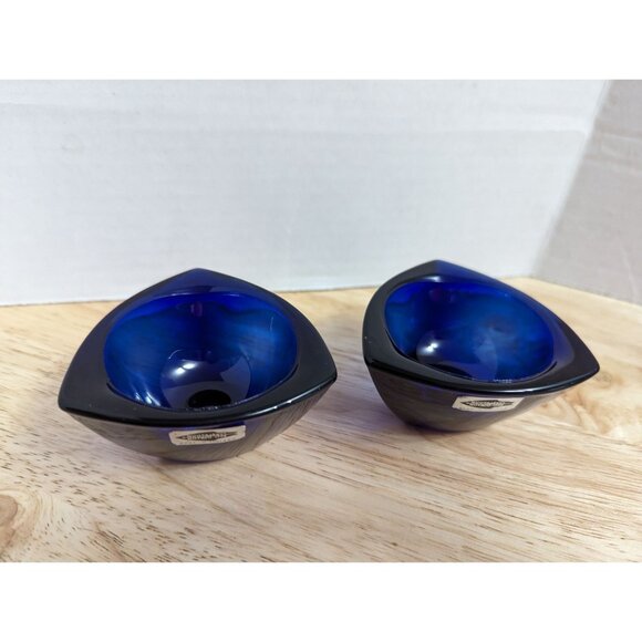 Nuutajarvi Finland glass cobalt blue tea voltive candle holders round triangle - Picture 2 of 10